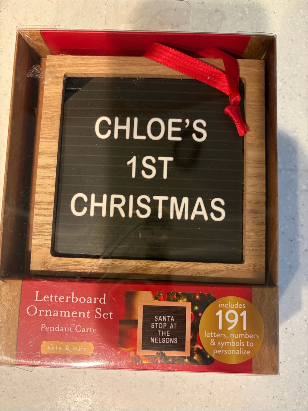 NEW Personalized Letterboard Ornament. Black & Wood, Red Ribbon. Christmas Decor